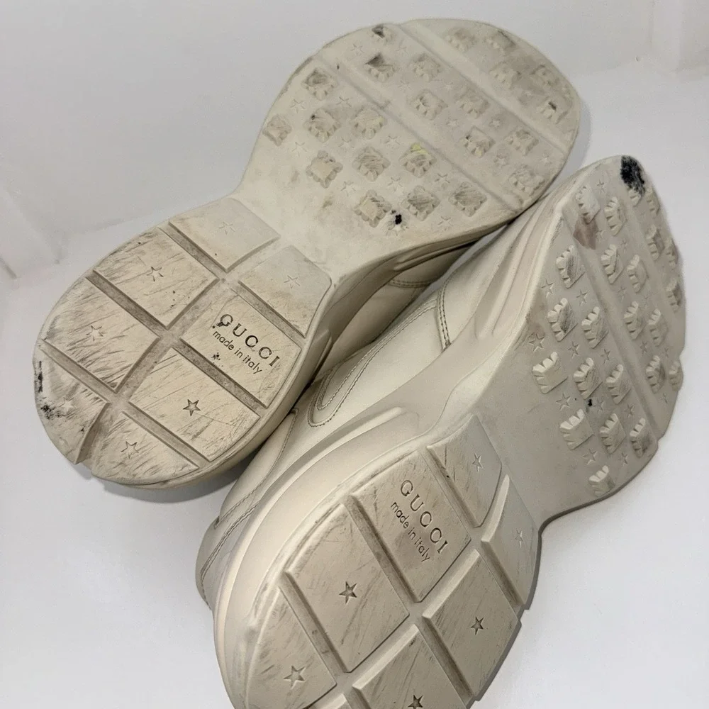 Gucci Rhyton Web Print Leather Sneakers Mens 9.5G US10 EU43.5 Ivory 523535 Italy